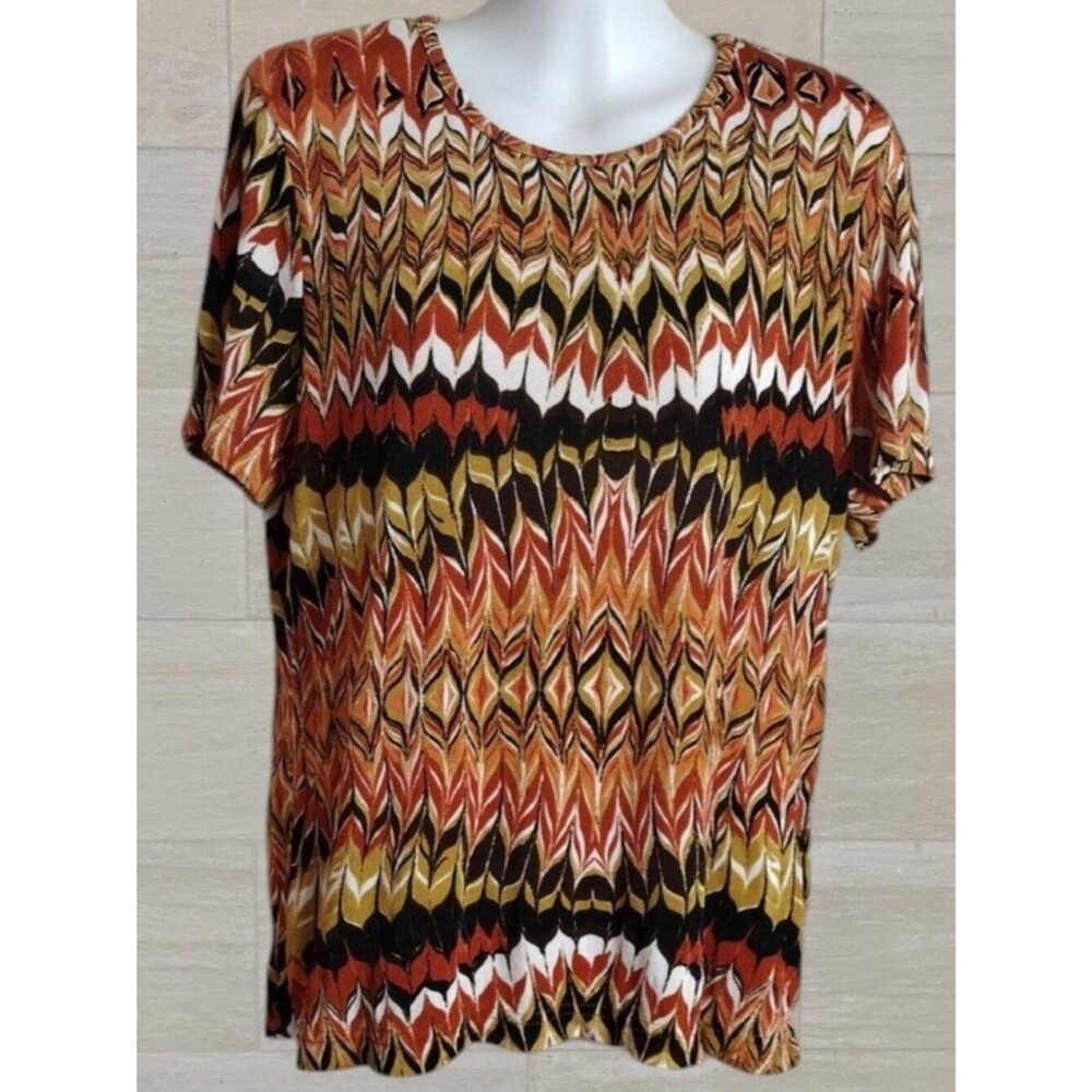 Jaclyn Smith Rust Color Multi Chevron-Style Short Sleeve Stretchy Top Size Large